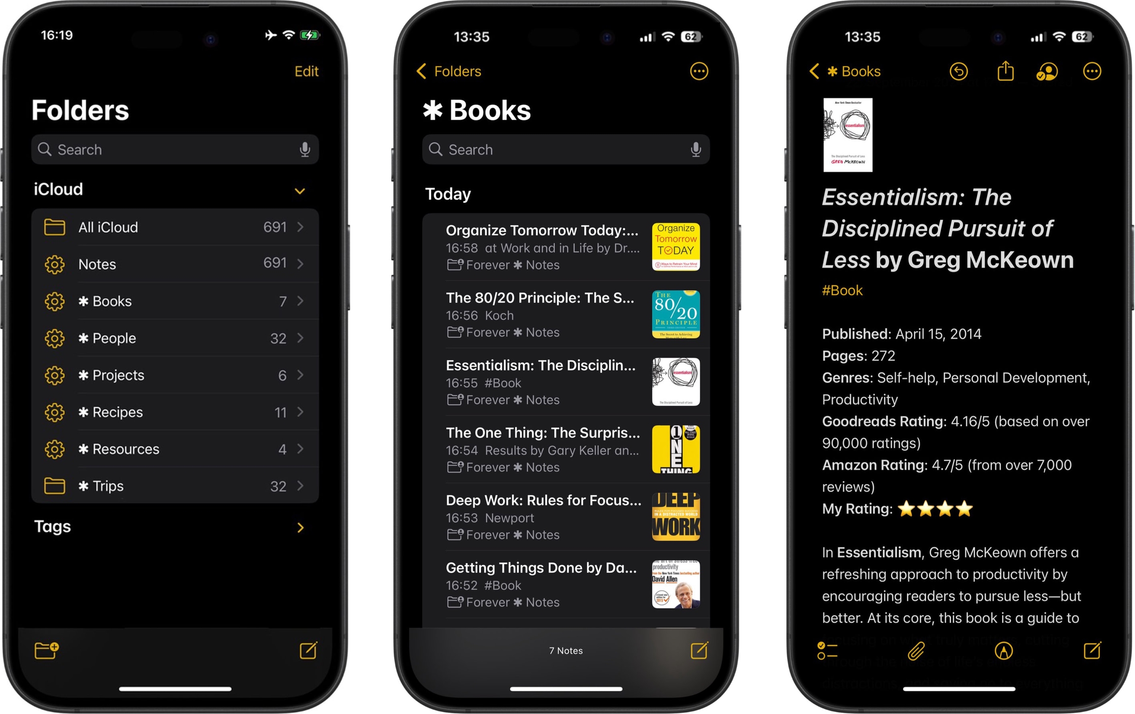 Three iPhones display a Books folder in the Forever ✱ Notes system, featuring book reviews and details.